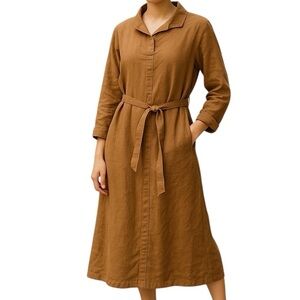 Lagenlook Linen Handmade Studio Relaxed Pockets Belt Gold Maxi Dress Women’s 8